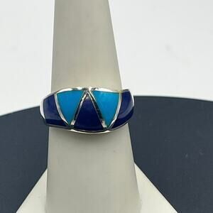 NF Thailand 925 Silver Blue Turquoise Lapis Lazuli Inlay Zuni Navajo Ring Sz 8‎